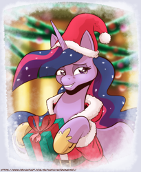 Size: 1227x1500 | Tagged: safe, artist:saturdaymorningproj, imported from derpibooru, twilight sparkle, alicorn, pony, the last problem, christmas, clothes, costume, female, gift wrapped, gritted teeth, hat, holiday, hoof shoes, jewelry, mare, older, older twilight, princess twilight 2.0, regalia, santa costume, santa hat, solo, twilight sparkle (alicorn)