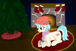 Size: 10800x7200 | Tagged: safe, artist:top plush, imported from derpibooru, coco pommel, earth pony, pony, beanie, chocolate, christmas, clothes, comfy, cozy, fireplace, food, hat, holiday, hot chocolate, lying down, prone, scarf, solo, stockings, thigh highs, tree, winter