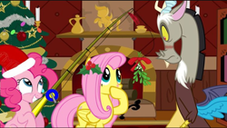 Size: 720x407 | Tagged: safe, editor:daughteroffluttercord, imported from derpibooru, discord, fluttershy, pinkie pie, earth pony, blushing, christmas, christmas tree, discoshy, female, fishing rod, hat, holiday, male, mistletoe, santa hat, shipper on deck, shipping, straight, tree, vector used