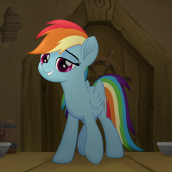 Size: 804x804 | Tagged: safe, edit, edited screencap, imported from derpibooru, screencap, rainbow dash, pegasus, pony, my little pony: the movie, cropped, cute, dashabetes, smiling, smug, time to be awesome