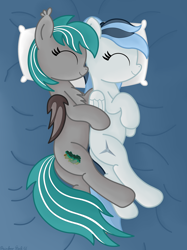 Size: 3016x4032 | Tagged: safe, artist:rainbowšpekgs, imported from derpibooru, oc, oc only, oc:haze northfleet, oc:malachite cluster, bat pony, pegasus, pony, bat pony oc, bed, bedsheets, butt, couple, cuddling, cute, duo, eyes closed, female, high res, lying, lying down, lying on bed, male, mare, oc x oc, on bed, on side, pegasus oc, pillow, plot, shipping, smiling, spooning, stallion, straight