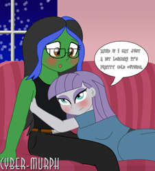 Size: 924x1022 | Tagged: safe, artist:cyber-murph, imported from derpibooru, maud pie, oc, oc:lightning voice, equestria girls, equestria girls series, blushing, canon x oc, clothes, commission, cuddling, cute, duo, duo female, female, glasses, lesbian, shipping, signature, snow, tanktop, window