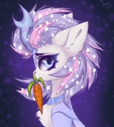 Size: 914x1024 | Tagged: dead source, safe, artist:hydrargyrum, imported from derpibooru, oc, oc:snow shine, kirin, bust, carrot, chest fluff, ear fluff, food, kirin oc, portrait, solo