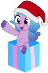 Size: 1024x1557 | Tagged: safe, artist:emeraldblast63, imported from derpibooru, izzy moonbow, pony, unicorn, box, christmas, female, g4, g5, g5 to g4, hat, holiday, my little pony: a new generation, open mouth, pony in a box, present, santa hat, solo