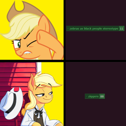 Size: 1024x1024 | Tagged: safe, artist:anontheanon, imported from ponybooru, applejack, derpibooru, applejack's plantation, comparison, hotline bling, meme, meta, ponybooru, racism, tags, zebras as black people stereotype, ziggers