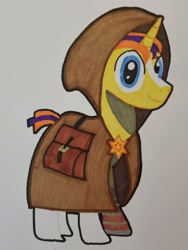 Size: 3024x4032 | Tagged: safe, artist:magicnova, derpibooru exclusive, imported from derpibooru, oc, oc:starfire blaze, pony, unicorn, derpibooru community collaboration, 2022 community collab, amputee, bag, blaze (coat marking), brooch, cloak, clothes, coat markings, eye scar, facial markings, jewelry, looking at you, male, offspring, parent:starlight glimmer, parent:sunburst, parents:starburst, prosthetic leg, prosthetic limb, prosthetics, saddle bag, scar, simple background, smiling, smiling at you, socks (coat markings), solo, stallion, traditional art, white background