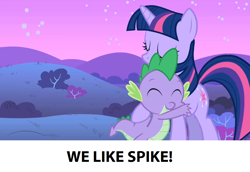 Size: 1280x880 | Tagged: safe, edit, edited screencap, imported from ponybooru, screencap, spike, twilight sparkle, dragon, pony, unicorn, owl's well that ends well, cute, happy, hug, night, spikabetes, spikelove, text, unicorn twilight