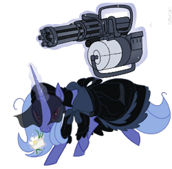 Size: 320x315 | Tagged: safe, artist:dotrook, oc, oc:lacunae, alicorn, alicorn oc, clothes, dress, gun, horn, minigun, solo, weapon, wings