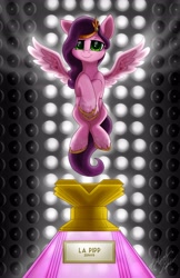 Size: 2650x4096 | Tagged: safe, artist:gleamydreams, imported from derpibooru, pipp petals, pegasus, pony, female, flying, g5, headband, looking at you, mare, my little pony: a new generation, parfum la pipp, perfume, smiling, spread wings, wings