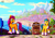 Size: 7016x4961 | Tagged: safe, artist:jowyb, imported from derpibooru, hitch trailblazer, sunny starscout, earth pony, pony, absurd file size, absurd resolution, canterlogic building, city, detailed background, duo, female, g5, male, mare, maretime bay, mountain, mountain range, my little pony: a new generation, scenery, scenery porn, stallion, tram