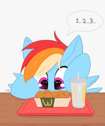 Size: 1189x1428 | Tagged: safe, artist:omi, imported from derpibooru, rainbow dash, pegasus, pony, chicken meat, chicken nugget, counting, female, food, g4, mare, mcdonald's, meat, solo, speech bubble, spread wings, wings