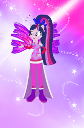 Size: 584x889 | Tagged: safe, artist:magical-mama, artist:selenaede, artist:user15432, imported from derpibooru, twilight sparkle, alicorn, fairy, equestria girls, alternate hairstyle, barely eqg related, base used, boots, clothes, colored wings, crossover, crystal sirenix, dress, fairy wings, fairyized, gradient background, gradient wings, high heel boots, high heels, long hair, ponied up, ponytail, purple dress, shoes, sirenix, solo, sparkly background, sparkly wings, twilight sparkle (alicorn), wings, winx, winx club, winxified