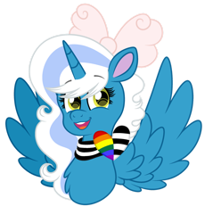 Size: 1280x1339 | Tagged: safe, artist:tuttyfruitcutie, imported from derpibooru, oc, oc:fleurbelle, alicorn, alicorn oc, bow, female, hair bow, horn, mare, simple background, straight ally flag, transparent background, wings, yellow eyes