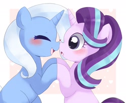 Size: 2048x1682 | Tagged: safe, artist:ginmaruxx, imported from derpibooru, starlight glimmer, trixie, pony, unicorn, abstract background, blushing, boop, cute, diatrixes, duo, duo female, eyelashes, eyes closed, female, glimmerbetes, heart, heart eyes, horn, lesbian, mare, noseboop, open mouth, open smile, shipping, smiling, startrix, tail, wingding eyes