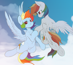 Size: 2000x1778 | Tagged: safe, artist:theprince, imported from derpibooru, rainbow dash, pegasus, pony, backwards cutie mark, belly button, double rainbow, duality, duo, self paradox, self ponidox