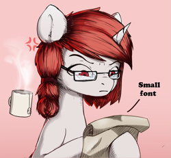 Size: 1461x1352 | Tagged: safe, artist:vickyvoo, imported from derpibooru, oc, oc:pyrebelle, pony, unicorn, `', female, food, frown, glasses, hooves, mare, red eyes, red hair, scroll, solo, tea