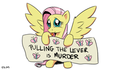 Size: 1200x675 | Tagged: safe, artist:pony-berserker, imported from derpibooru, fluttershy, pegasus, pony, female, mare, pony-berserker's twitter sketches, sign, solo, tongue out, trolley problem