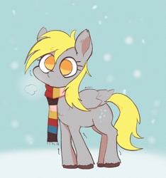 Size: 1440x1538 | Tagged: safe, artist:noupu, imported from derpibooru, derpy hooves, pegasus, pony, breath, clothes, cute, derpabetes, female, mare, no pupils, scarf, shivering, snow, snowfall, solo, striped scarf, unshorn fetlocks