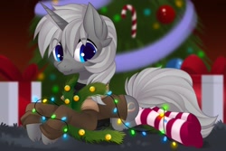 Size: 3000x2000 | Tagged: safe, artist:xvostik, imported from derpibooru, oc, oc only, oc:octal overflow, pony, unicorn, blue eyes, christmas, christmas lights, christmas ornament, christmas presents, christmas tree, clothes, commission, commissioner:biohazard, decoration, ear fluff, eye clipping through hair, high res, holiday, horn, jacket, looking at you, lying down, male, prone, smiling, smiling at you, socks, solo, stallion, striped socks, tree, unicorn oc, ych result