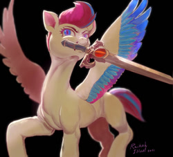 Size: 900x816 | Tagged: safe, artist:grissaecrim, imported from derpibooru, zipp storm, pegasus, pony, black background, female, g5, mare, mouth hold, my little pony: a new generation, signature, simple background, solo, sword, sword of omens, thundercats, weapon