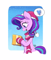 Size: 2480x2924 | Tagged: safe, artist:fanzeem, imported from derpibooru, starlight glimmer, trixie, pony, unicorn, christmas, clothes, cute, female, glimmerbetes, gloves, hat, high res, holiday, mare, open mouth, open smile, present, santa hat, scarf, smiling, snow, solo, thankful