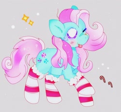 Size: 2346x2160 | Tagged: safe, artist:bug-roux, imported from derpibooru, minty, earth pony, pony, :p, blushing, chest fluff, christmas, christmas stocking, clothes, female, high res, holiday, mare, one eye closed, socks, solo, striped socks, tongue out, wink