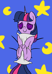 Size: 905x1277 | Tagged: safe, artist:librarylonging, imported from derpibooru, twilight sparkle, pony, unicorn, bed, female, hug, hypnosis, mare, pillow, pillow hug, solo, swirly eyes, unicorn twilight