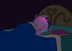 Size: 1895x1334 | Tagged: safe, artist:librarylonging, imported from derpibooru, twilight sparkle, pony, unicorn, bed, blanket, book, hypnogear, hypnosis, mind control, pillow, sleeping, solo