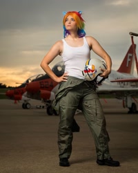 Size: 1080x1350 | Tagged: safe, imported from derpibooru, rainbow dash, human, bare shoulders, clothes, cosplay, costume, hand on hip, helmet, irl, irl human, jet, multicolored hair, photo, rainbow hair, solo, tanktop