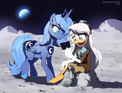 Size: 1654x1254 | Tagged: safe, artist:walliscolours, imported from derpibooru, princess luna, alicorn, bird, duck, pony, amputee, cute, della duck, ducktales, ducktales 2017, goggles, moon, open mouth, polaroid, prosthetic limb, prosthetics, s1 luna