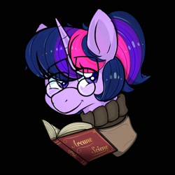 Size: 2000x2000 | Tagged: safe, artist:orbitingdamoon, imported from derpibooru, twilight sparkle, pony, unicorn, alternate hairstyle, black background, book, dark background, glasses, high res, simple background, smiling, solo