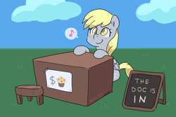 Size: 1600x1067 | Tagged: safe, artist:talimingi, imported from derpibooru, derpy hooves, pegasus, pony, blushing, cloud, cute, derpabetes, food, muffin, sign, solo