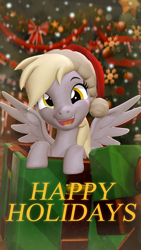 Size: 2160x3840 | Tagged: safe, artist:owlpirate, imported from derpibooru, derpy hooves, pegasus, pony, 3d, box, christmas, christmas tree, cute, derpabetes, female, hat, high res, holiday, open mouth, pony in a box, present, santa hat, solo, source filmmaker, tree