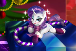 Size: 2625x1750 | Tagged: safe, artist:darksly, imported from derpibooru, rarity, pony, unicorn, candy, candy cane, christmas, christmas tree, clothes, cute, food, frog (hoof), holiday, one eye closed, open mouth, open smile, present, raribetes, scarf, smiling, sparkles, tiny, tiny ponies, tree, underhoof, wink