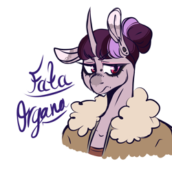 Size: 750x750 | Tagged: safe, artist:silagekiddz, imported from derpibooru, oc, oc only, oc:fata organa sparkle, anthro, unicorn, bust, clothes, ear piercing, female, frown, horn, magical lesbian spawn, magical threesome spawn, offspring, parent:dumbbell, parent:tempest shadow, parent:twilight sparkle, parents:tempestlight, piercing, simple background, trans female, transgender, unicorn oc, white background