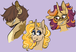 Size: 1750x1200 | Tagged: safe, artist:silagekiddz, imported from derpibooru, oc, oc only, oc:butternut squash, oc:mashed potatoes, oc:poppy seed, oc:spud, earth pony, pony, unicorn, :p, bust, earth pony oc, eyelashes, female, grin, hair over eyes, horn, makeup, male, mare, purple background, simple background, smiling, smirk, stallion, tongue out, unicorn oc