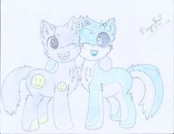 Size: 3300x2550 | Tagged: safe, artist:fliegerfausttop47, derpibooru exclusive, imported from derpibooru, oc, oc only, oc:smiley, oc:voidshark, cat, cat pony, earth pony, original species, pony, best friends, black sclera, brown eyes, chest fluff, colt, duo, ear fluff, fluffy, fluffy tail, gift art, happy, high res, leg fluff, looking at each other, looking at someone, male, ponified, qwuedeviv, sharp teeth, signature, smiley face, smiling, tail, teeth, traditional art, white pupils