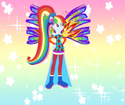 Size: 922x777 | Tagged: safe, artist:magical-mama, artist:selenaede, artist:user15432, imported from derpibooru, rainbow dash, fairy, equestria girls, alternate hairstyle, barely eqg related, base used, blue dress, boots, clothes, colored wings, crossover, crystal sirenix, dress, fairy wings, fairyized, gradient background, gradient wings, hand on hip, high heel boots, high heels, long hair, multicolored wings, ponied up, ponytail, rainbow background, rainbow wings, seashell, shoes, sirenix, solo, sparkly background, sparkly wings, wings, winx, winx club, winxified