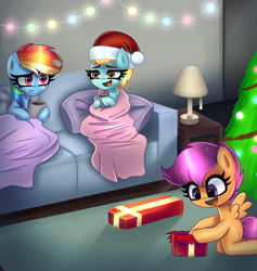 Size: 7200x7600 | Tagged: safe, artist:opalacorn, imported from derpibooru, lightning dust, rainbow dash, scootaloo, pegasus, pony, absurd resolution, anatomically incorrect, blanket, christmas, christmas tree, commission, couch, cute, cutealoo, dashabetes, dustabetes, female, filly, hat, holiday, incorrect leg anatomy, kneeling, mare, missing cutie mark, mug, open mouth, open smile, santa hat, sitting, smiling, spread wings, tree, trio, trio female, wings