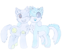Size: 3300x2550 | Tagged: safe, artist:fliegerfausttop47, derpibooru exclusive, edit, editor:nc-tv, imported from derpibooru, oc, oc only, oc:smiley, oc:voidshark, cat, cat pony, earth pony, original species, pony, derpibooru community collaboration, 2022 community collab, background removed, best friends, black sclera, brown eyes, chest fluff, colt, duo, ear fluff, fluffy, fluffy tail, gift art, happy, high res, leg fluff, looking at each other, looking at someone, male, ponified, qwuedeviv, sharp teeth, simple background, smiley face, smiling, tail, teeth, traditional art, transparent background, white pupils