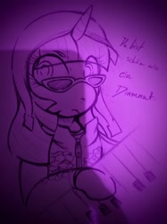 Size: 2490x3333 | Tagged: safe, artist:dsstoner, imported from derpibooru, twilight sparkle, pony, unicorn, clothes, german, hat, high res, jacket, keyboard, lyrics, rammstein, song reference, sunglasses, text, unicorn twilight