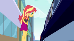 Size: 3410x1920 | Tagged: safe, imported from derpibooru, screencap, sunset shimmer, driving miss shimmer, equestria girls, equestria girls series, car, clothes, cutie mark on clothes, driving miss shimmer: rarity, female, geode of empathy, high res, jacket, jewelry, leather, leather jacket, limousine, magical geodes, necklace, solo