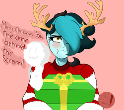 Size: 2220x1980 | Tagged: safe, artist:diamondgreenanimat0, imported from derpibooru, oc, oc:ice diamond, equestria girls, blue hair, blushing, brown eyes, christmas, dialogue, holiday, horns, light blue hair, looking at you, merry christmas, present, red background, red sweater, simple background, smiling, smiling at you, snowman, watching