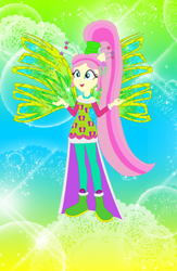 Size: 582x891 | Tagged: safe, artist:magical-mama, artist:selenaede, artist:user15432, imported from derpibooru, fluttershy, fairy, equestria girls, alternate hairstyle, barely eqg related, base used, boots, clothes, colored wings, crossover, crystal sirenix, dress, fairy wings, fairyized, gradient background, gradient wings, green dress, high heel boots, high heels, jewelry, long hair, necklace, ponied up, ponytail, shoes, sirenix, solo, sparkly background, sparkly wings, wings, winx, winx club, winxified, yellow wings