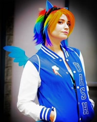 Size: 1058x1330 | Tagged: safe, imported from derpibooru, rainbow dash, human, clothes, cosplay, costume, cutie mark on clothes, irl, irl human, multicolored hair, photo, rainbow hair