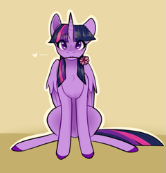 Size: 667x696 | Tagged: safe, artist:cyrinthia, imported from derpibooru, twilight sparkle, alicorn, pony, floating heart, flower, flower in mouth, heart, heart eyes, looking at you, mouth hold, sitting, solo, twilight sparkle (alicorn), wingding eyes