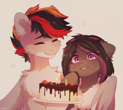 Size: 1722x1542 | Tagged: safe, artist:floweryoutoday, imported from derpibooru, oc, oc only, oc:mimicry, oc:primaryforce, pegasus, pony, birthday, cake, duo, food