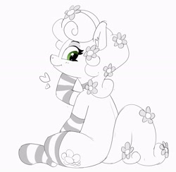 Size: 2968x2898 | Tagged: safe, artist:pabbley, imported from derpibooru, daisy, flower wishes, earth pony, pony, clothes, female, floating heart, flower, flower in hair, flower in tail, grayscale, heart, high res, looking back, mare, monochrome, partial color, simple background, sitting, smiling, socks, solo, stockings, striped socks, tail, thigh highs, white background