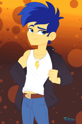 Size: 2911x4362 | Tagged: safe, artist:felux, imported from derpibooru, flash sentry, human, equestria girls, abstract background, alternate hairstyle, belt, clothes, jacket, jewelry, male, necklace, pants, show accurate, sleeveless, solo, stupid sexy flash sentry