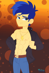 Size: 2911x4362 | Tagged: safe, alternate version, artist:felux, imported from derpibooru, flash sentry, human, equestria girls, abs, abstract background, alternate hairstyle, belt, clothes, jacket, jewelry, male, necklace, pants, show accurate, solo, stupid sexy flash sentry